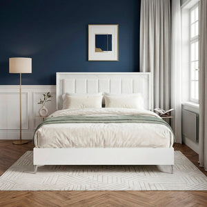 English Elm Glam Eastern King Panel Bed Chenille Tufted Headboard LED Ambient Faux Marble Accents B011S04397