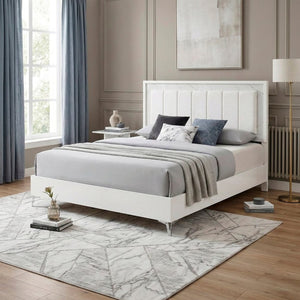 English Elm Glam Eastern King Panel Bed Chenille Tufted Headboard LED Ambient Faux Marble Accents B011S04397