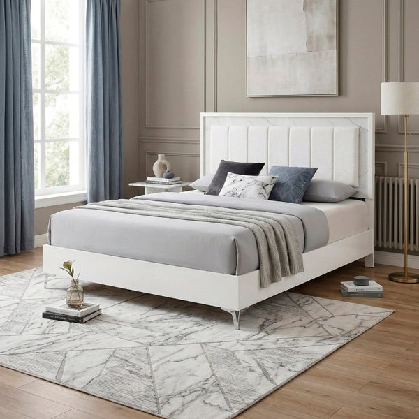 English Elm Glam Eastern King Panel Bed Chenille Tufted Headboard LED Ambient Faux Marble Accents B011S04397
