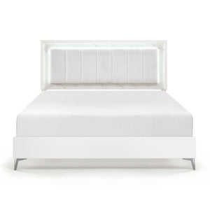 English Elm Glam Eastern King Panel Bed Chenille Tufted Headboard LED Ambient Faux Marble Accents B011S04397