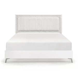 English Elm Glam Eastern King Panel Bed Chenille Tufted Headboard LED Ambient Faux Marble Accents B011S04397