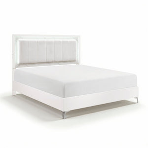 English Elm Glam Eastern King Panel Bed Chenille Tufted Headboard LED Ambient Faux Marble Accents B011S04397