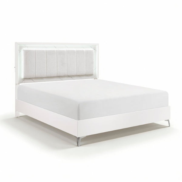 English Elm Glam Eastern King Panel Bed Chenille Tufted Headboard LED Ambient Faux Marble Accents B011S04397