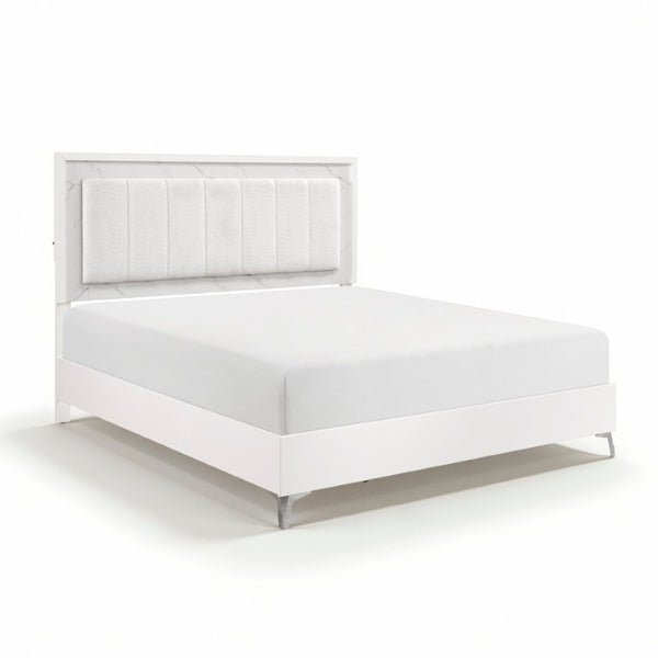 English Elm Glam Eastern King Panel Bed Chenille Tufted Headboard LED Ambient Faux Marble Accents B011S04397