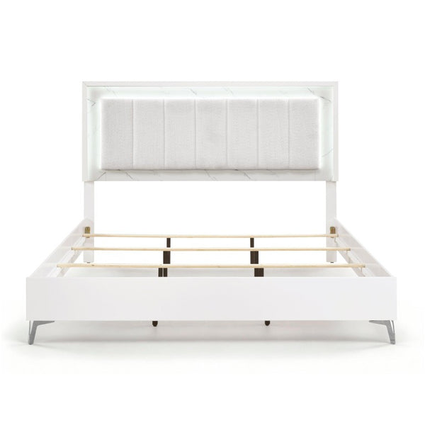 English Elm Glam Eastern King Panel Bed Chenille Tufted Headboard LED Ambient Faux Marble Accents B011S04397