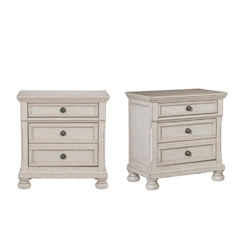 English Elm Transitional Antique White Ash Veneer Nightstand Pair with Hidden Drawer and Bun Feet B011S04398