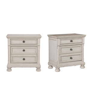 English Elm Transitional Antique White Ash Veneer Nightstand Pair with Hidden Drawer and Bun Feet B011S04398