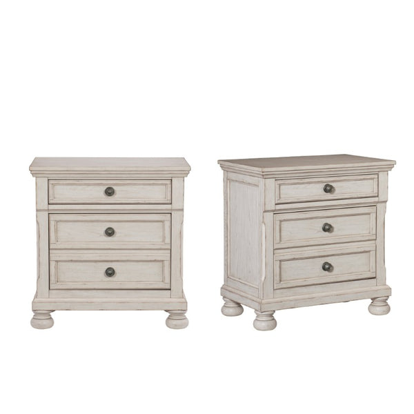 English Elm Transitional Antique White Ash Veneer Nightstand Pair with Hidden Drawer and Bun Feet B011S04398