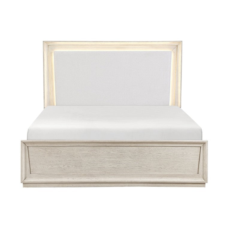English Elm Modern California King Bed with LED Backlit Headboard Pearl Fabric Oak Veneer B011S04403