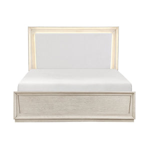 English Elm Modern California King Bed with LED Backlit Headboard Pearl Fabric Oak Veneer B011S04403