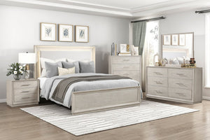 English Elm Modern California King Bed with LED Backlit Headboard Pearl Fabric Oak Veneer B011S04403