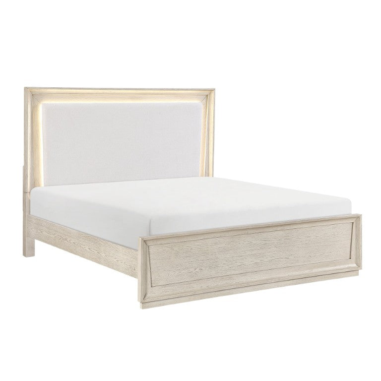 English Elm Modern California King Bed with LED Backlit Headboard Pearl Fabric Oak Veneer B011S04403