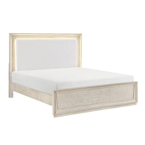 English Elm Modern California King Bed with LED Backlit Headboard Pearl Fabric Oak Veneer B011S04403