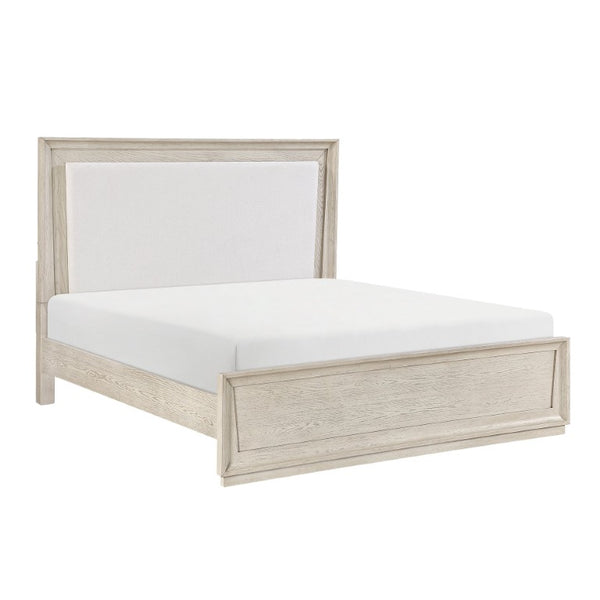 English Elm Modern California King Bed with LED Backlit Headboard Pearl Fabric Oak Veneer B011S04403
