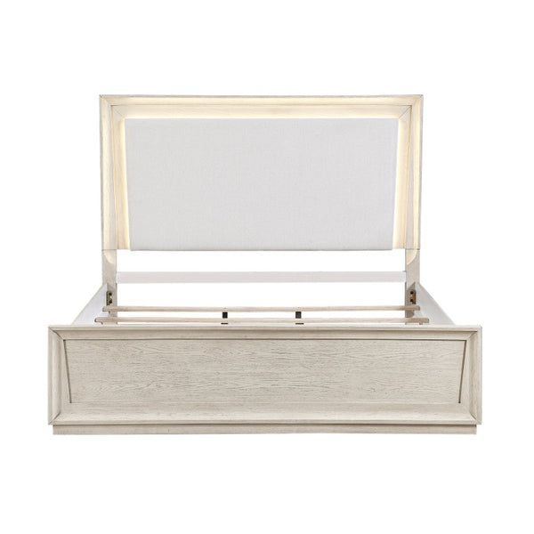 English Elm Modern California King Bed with LED Backlit Headboard Pearl Fabric Oak Veneer B011S04403