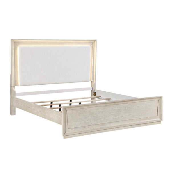 English Elm Modern California King Bed with LED Backlit Headboard Pearl Fabric Oak Veneer B011S04403