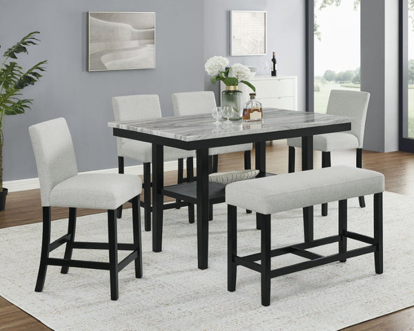 English Elm 6Pc Counter Height Dining Set Faux Marble Table Gray Upholstered Chairs Bench Gray 6-Piece B011S04406