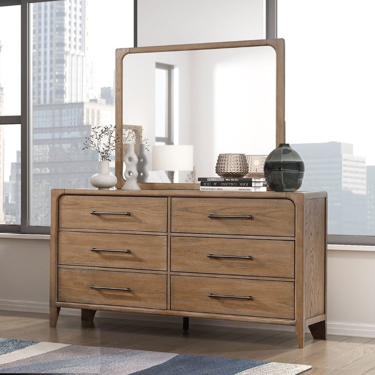 English Elm Modern Six Drawer Oak Veneer Dresser with Mirror Dovetail Joinery Bronze Pulls Dresser Mirror 64 L x 18 W x 36.5 H B011S04410