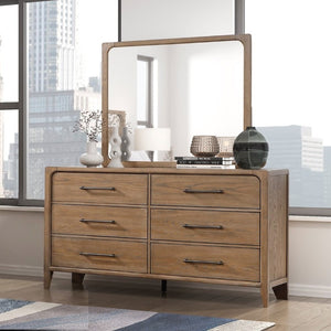 English Elm Modern Six Drawer Oak Veneer Dresser with Mirror Dovetail Joinery Bronze Pulls Dresser Mirror 64 L x 18 W x 36.5 H B011S04410