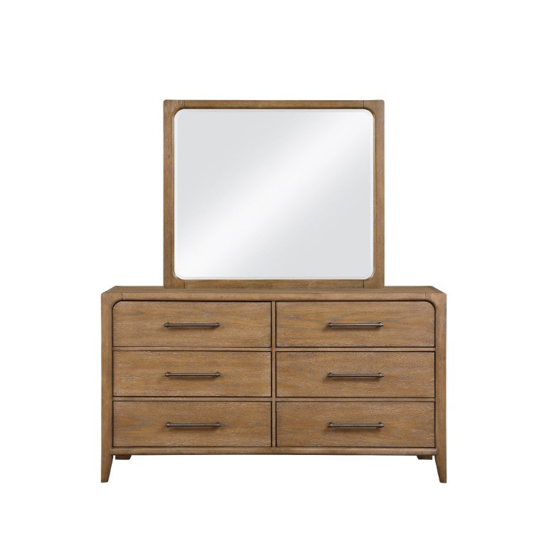 English Elm Modern Six Drawer Oak Veneer Dresser with Mirror Dovetail Joinery Bronze Pulls Dresser Mirror 64 L x 18 W x 36.5 H B011S04410