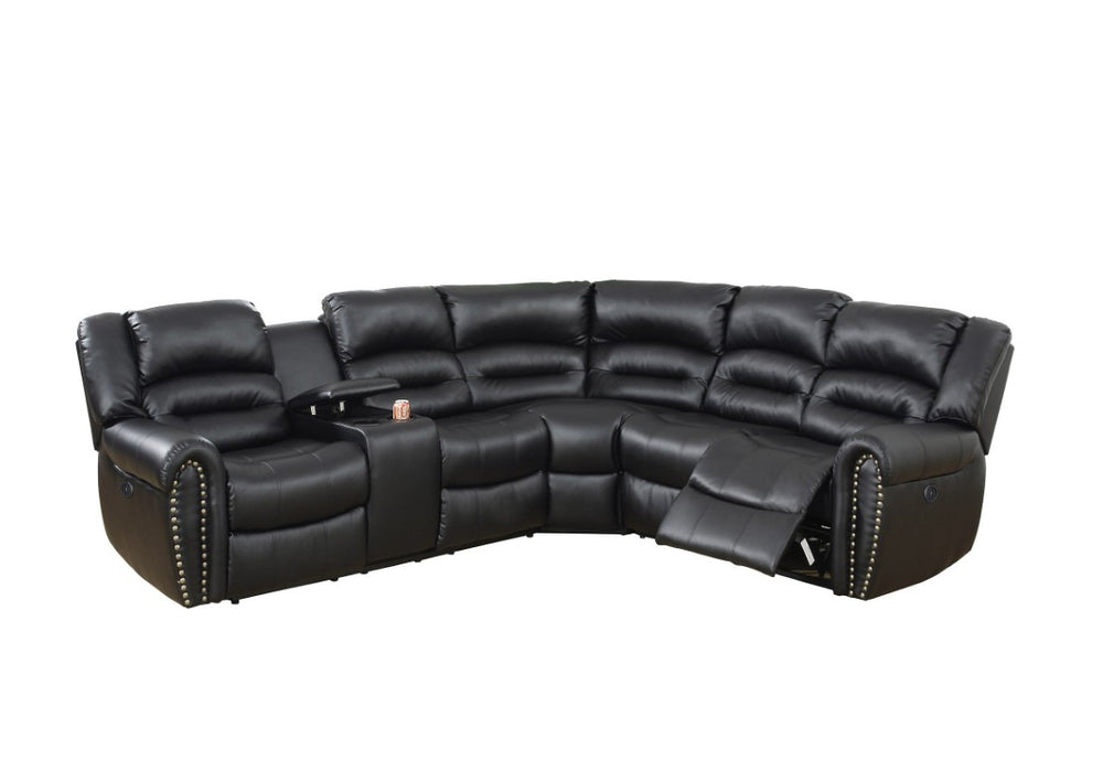 English Elm Home Theater Power Reclining Sectional with USB Console and Gel Leatherette Seating Black 111 L x 98 W x 31 H B011S04417