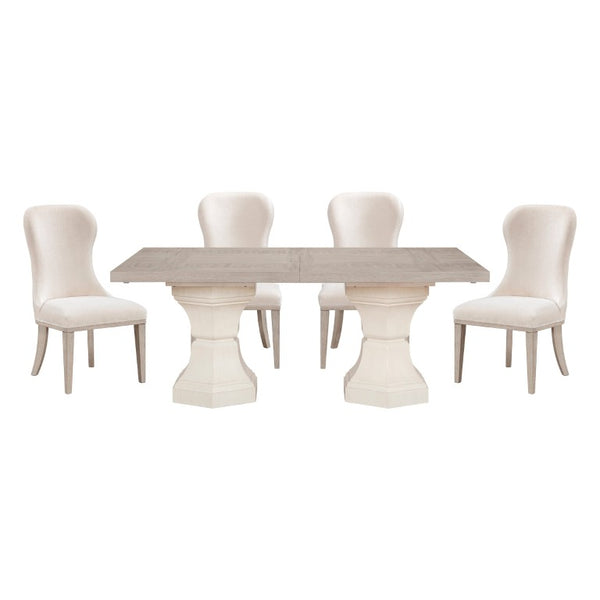 English Elm 5Pc Extendable Dining Set Solid Wood Two-Tone Table with Ivory Upholstered Chairs B011S04420