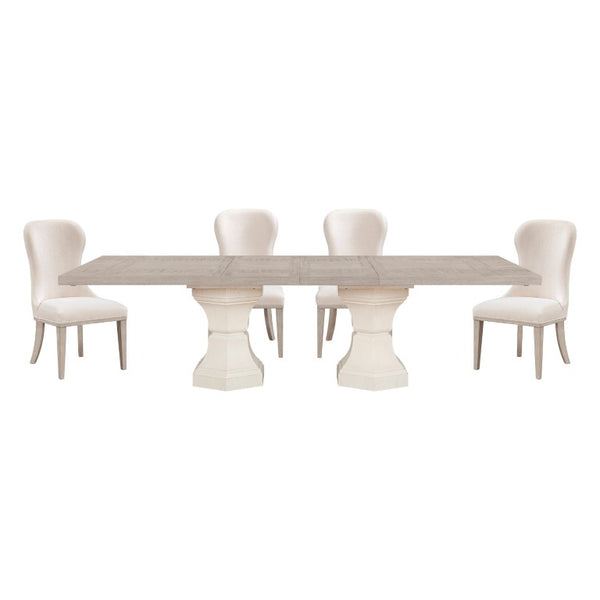 English Elm 5Pc Extendable Dining Set Solid Wood Two-Tone Table with Ivory Upholstered Chairs B011S04420