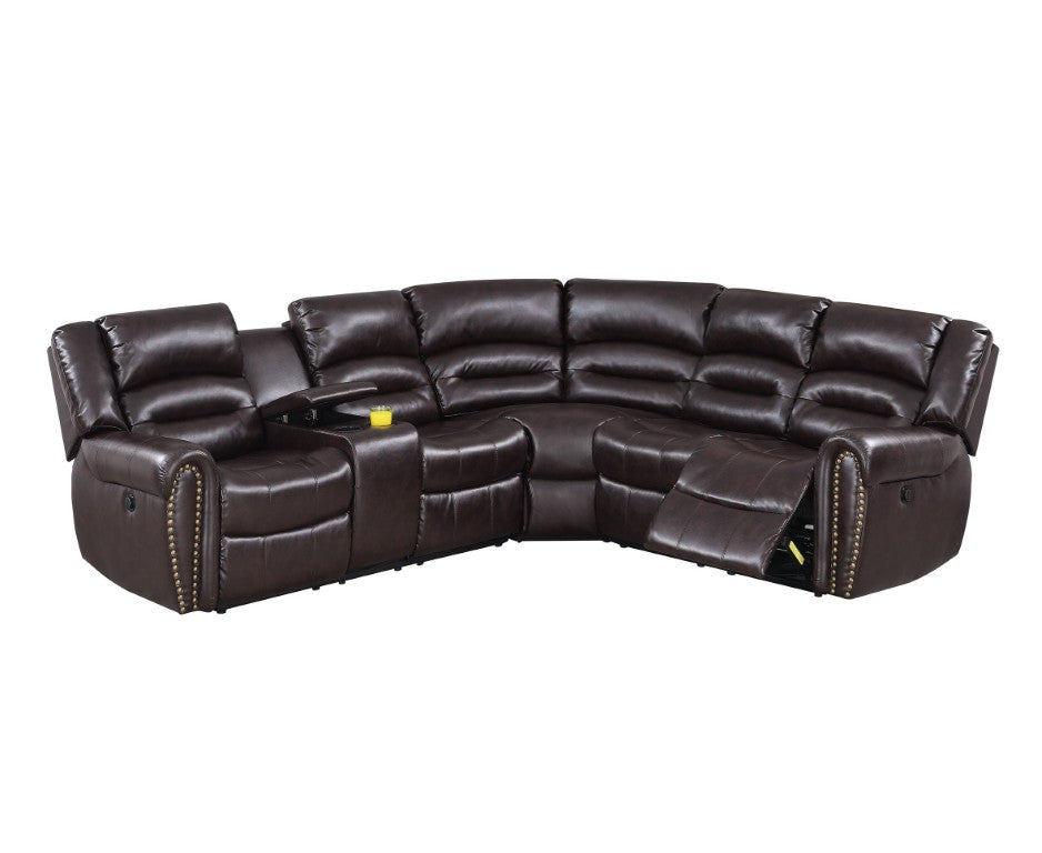 English Elm Power Motion Sectional with Tufted Bonded Leather Dual Recliners and Built-In Console B011S04421