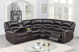 English Elm Power Motion Sectional with Tufted Bonded Leather Dual Recliners and Built-In Console B011S04421