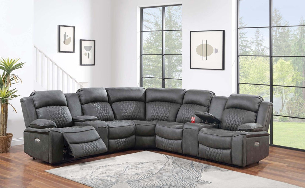 English Elm Laf and Raf Power Reclining Sectional with Console and Plush Upholstered Seating Charcoal Faux Leather 69 x 38 x 41 B011S04426