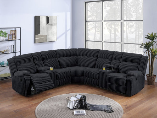 English Elm Black Corduroy Power Reclining Sectional with Console Cup Holders for Living Room Black B011S04429