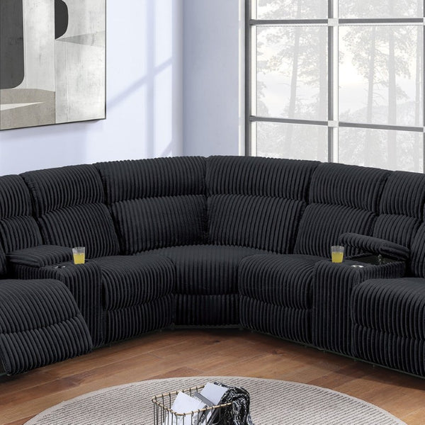 English Elm Black Corduroy Power Reclining Sectional with Console Cup Holders for Living Room Black B011S04429