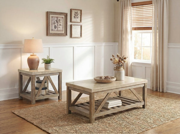 English Elm Cocktail and End Table Set with Marble Tops on Weathered Wood Industrial Bases B011S04430