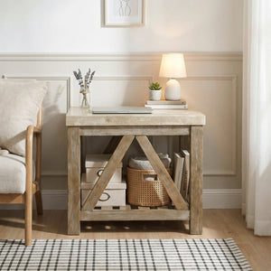 English Elm Cocktail and End Table Set with Marble Tops on Weathered Wood Industrial Bases B011S04430