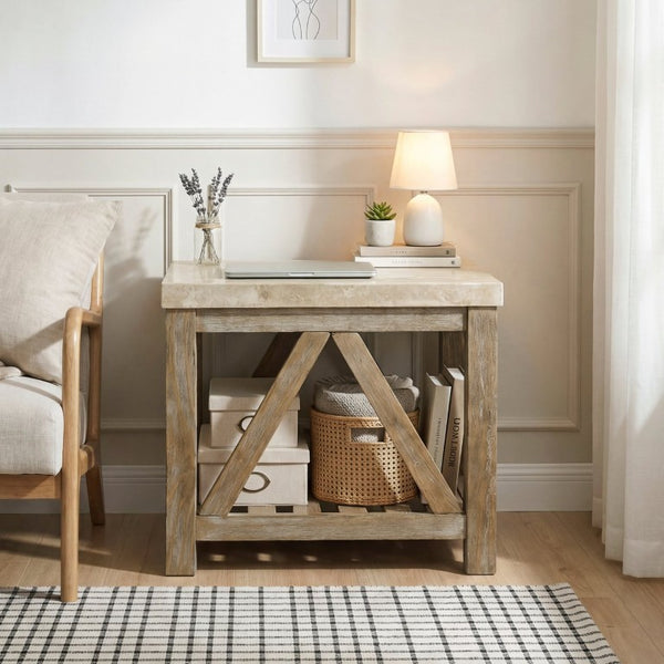 English Elm Cocktail and End Table Set with Marble Tops on Weathered Wood Industrial Bases B011S04430
