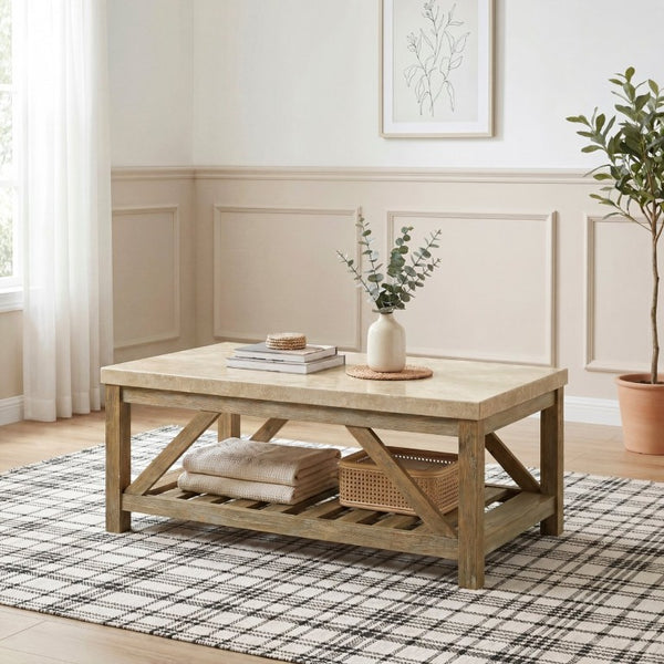 English Elm Cocktail and End Table Set with Marble Tops on Weathered Wood Industrial Bases B011S04430