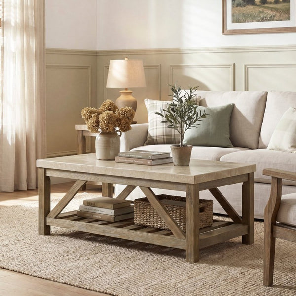 English Elm Cocktail and End Table Set with Marble Tops on Weathered Wood Industrial Bases B011S04430