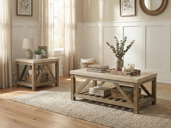 English Elm Cocktail and End Table Set with Marble Tops on Weathered Wood Industrial Bases B011S04430