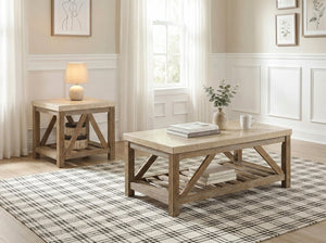 English Elm Cocktail and End Table Set with Marble Tops on Weathered Wood Industrial Bases B011S04430