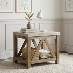 English Elm Cocktail and End Table Set with Marble Tops on Weathered Wood Industrial Bases B011S04430