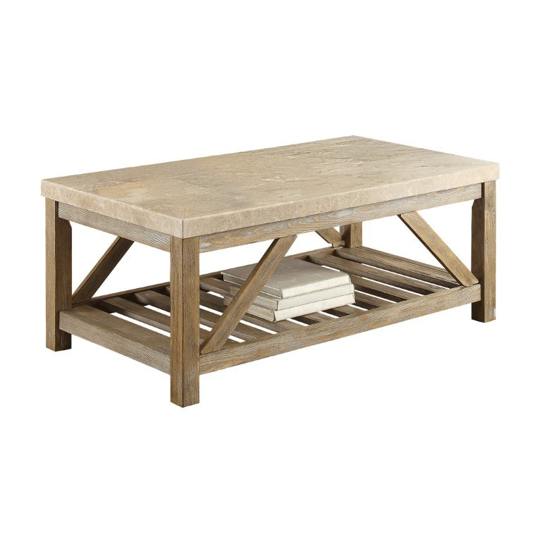English Elm Cocktail and End Table Set with Marble Tops Weathered Wood Base Living Room Trio B011S04431