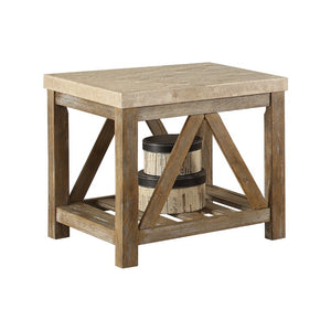 English Elm Cocktail and End Table Set with Marble Tops Weathered Wood Base Living Room Trio B011S04431