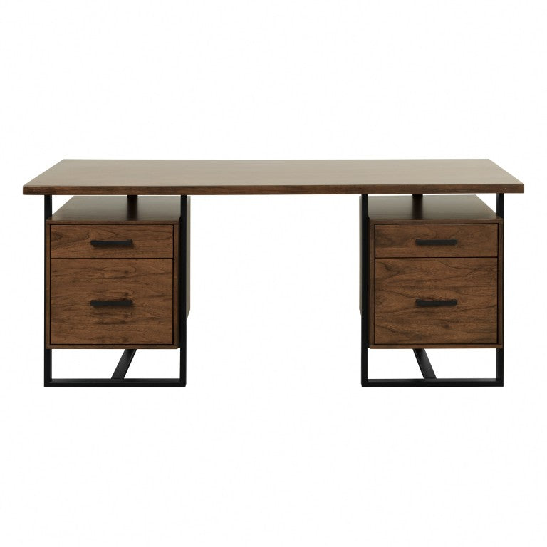 English Elm Writing Desk with Walnut Veneer Top and Black Metal Frame for Modern Home Office B011S04433