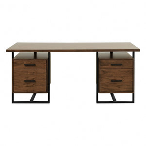 English Elm Writing Desk with Walnut Veneer Top and Black Metal Frame for Modern Home Office B011S04433