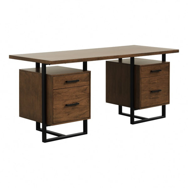 English Elm Writing Desk with Walnut Veneer Top and Black Metal Frame for Modern Home Office B011S04433