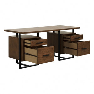 English Elm Writing Desk with Walnut Veneer Top and Black Metal Frame for Modern Home Office B011S04433