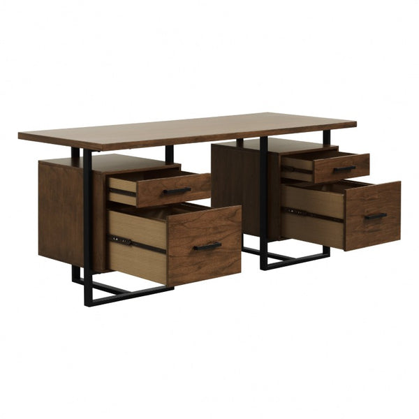 English Elm Writing Desk with Walnut Veneer Top and Black Metal Frame for Modern Home Office B011S04433