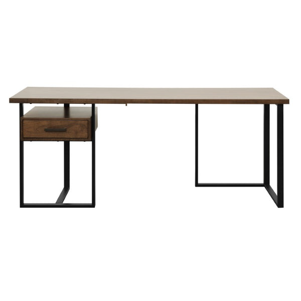 English Elm Side Pier with Walnut Veneer Open Shelves and Industrial Black Metal Frame Return Desk B011S04434