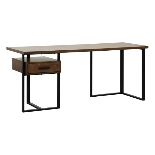 English Elm Side Pier with Walnut Veneer Open Shelves and Industrial Black Metal Frame Return Desk B011S04434