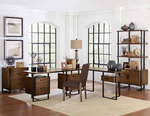 English Elm Side Pier with Walnut Veneer Open Shelves and Industrial Black Metal Frame Return Desk B011S04434